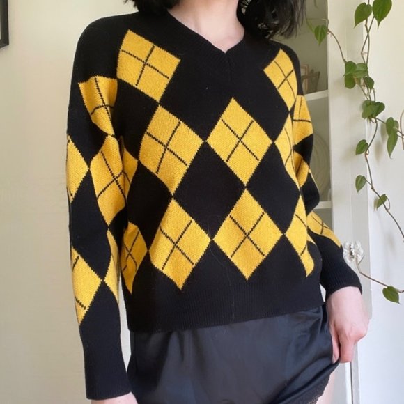 Vintage 90s Yellow Argyle Academia Style Sweater - Picture 1 of 3